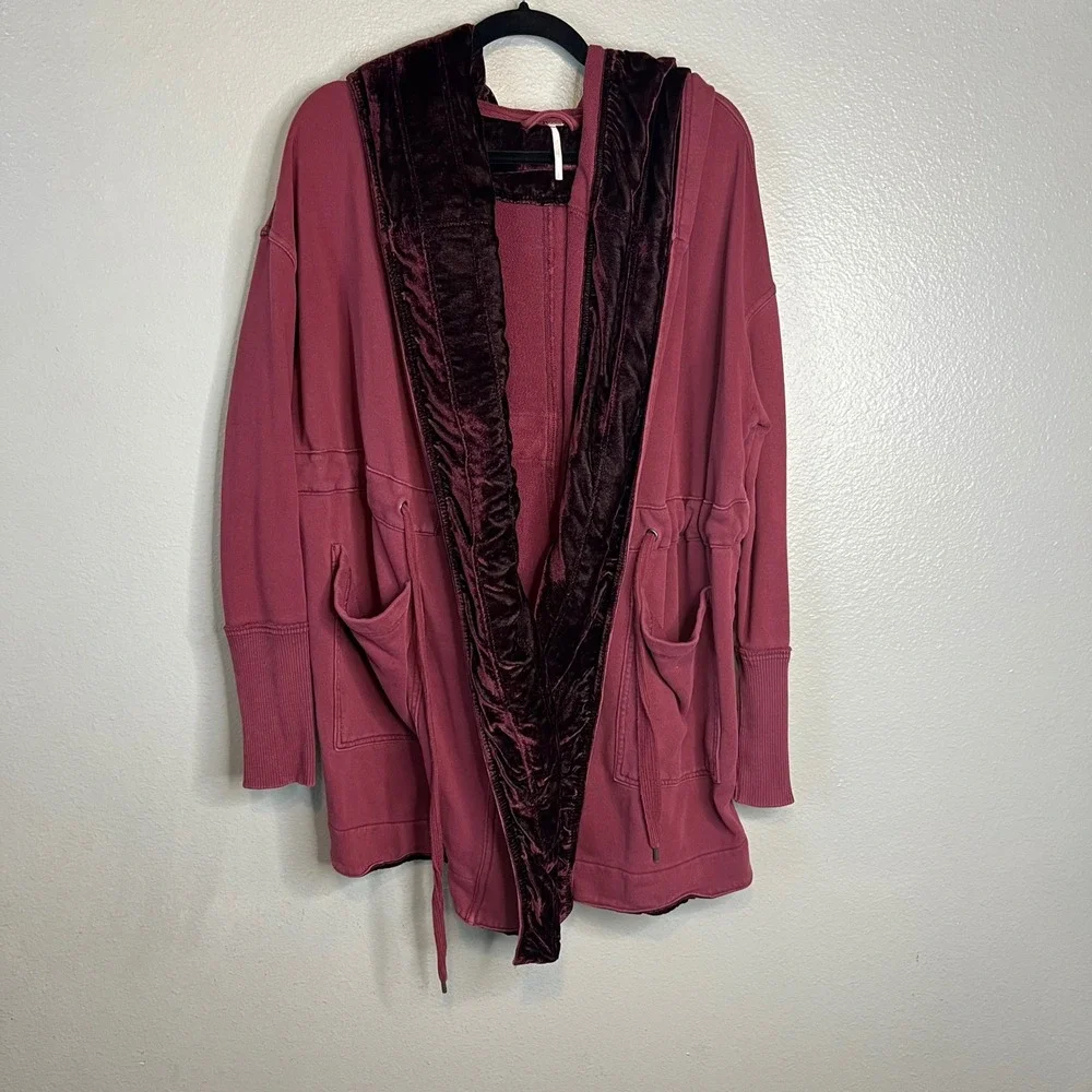 Free People Westwood Cardigan Size S Burgundy Velvet Trim Cloak Hood Dark Berry